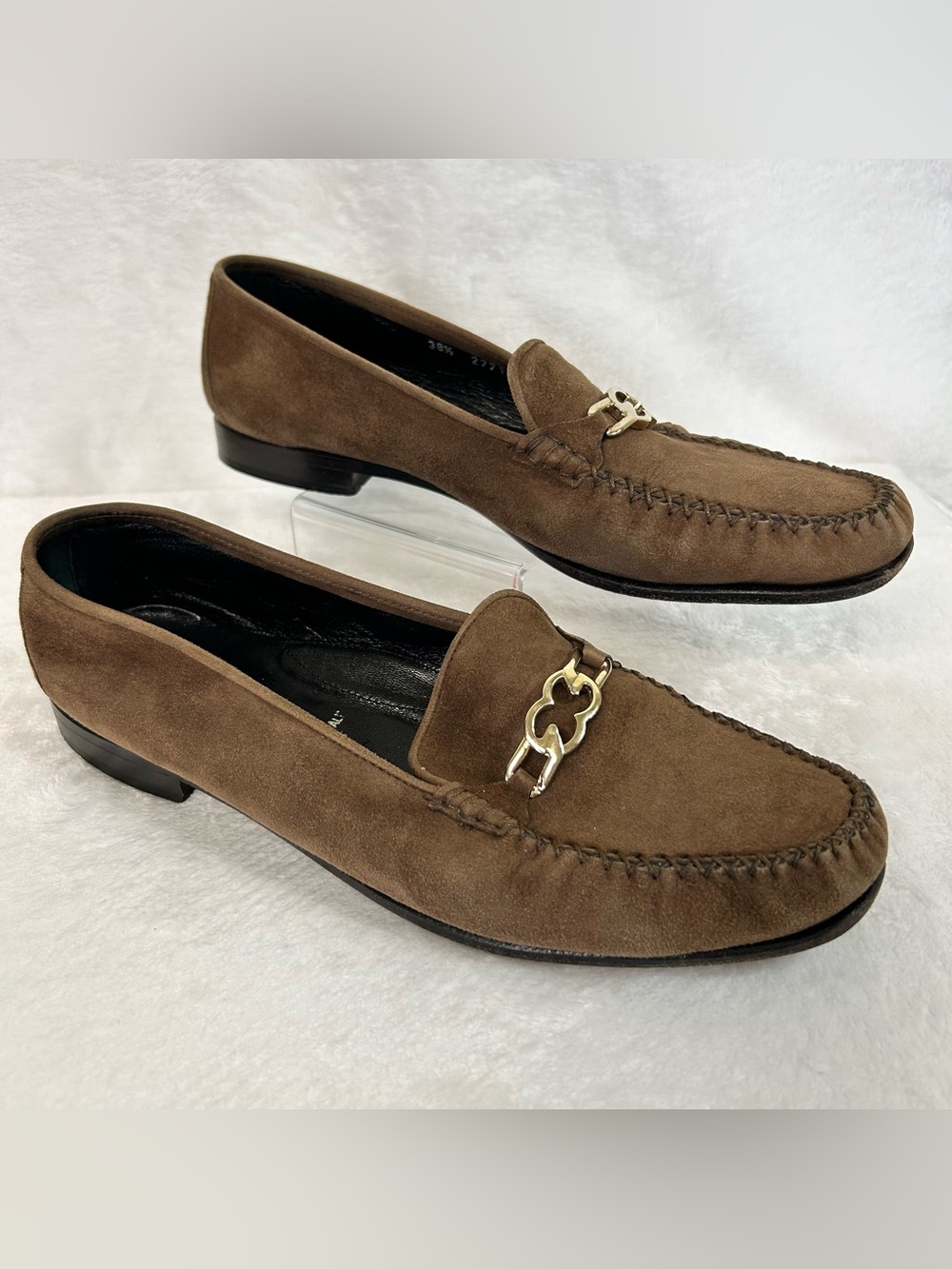 Escada Women's Shoes Size 38.5 US 8.5 Brown Suede Loafer Flats Gold Hardware
